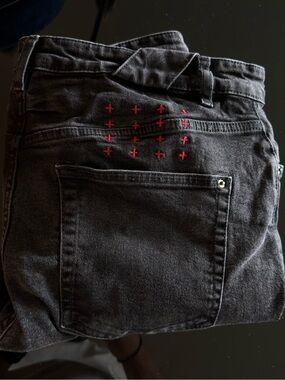 Ksubi Black Slim Jeans with Red Cross Stitching